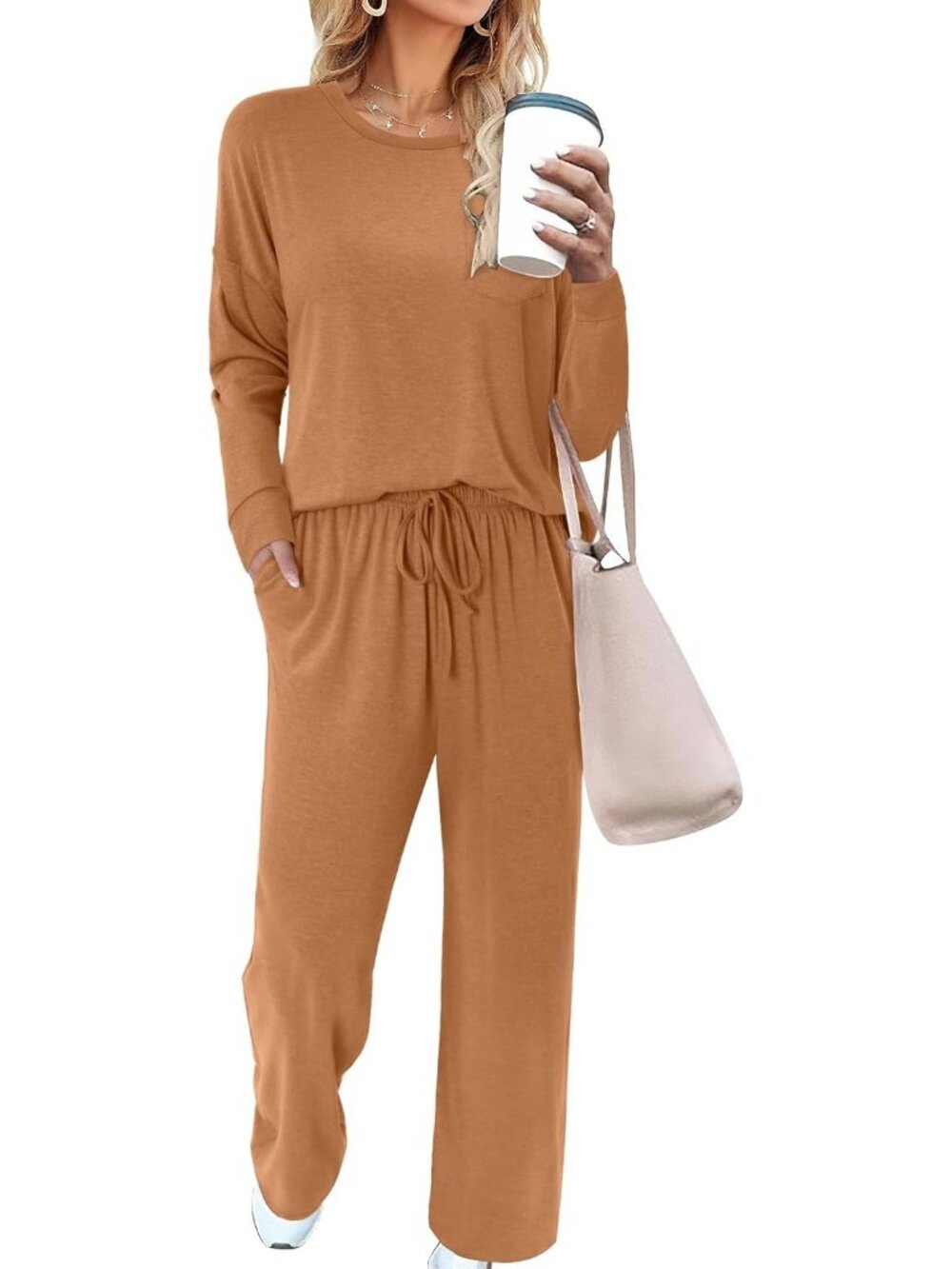 Women's Two Piece Sets Coffee Travel Sweatsuits Wide Leg Pants Lounge Sets